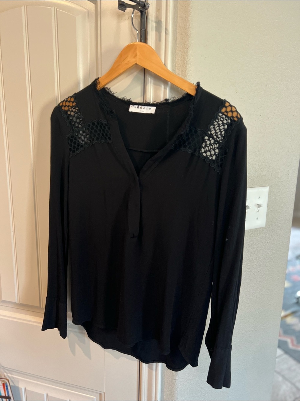 Sandro Black Crochet-Shoulder Long Sleeve Blouse